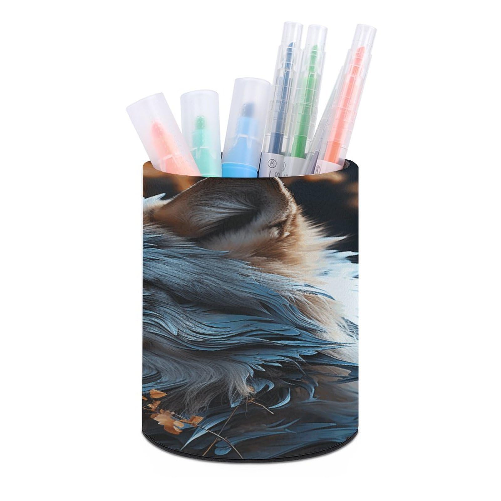 VstaDank Autumn Leaves And A Wolf Pen Holder PU Leather Pencil Cup Minimalist Desk Pencil Holder Round Make Up Brush Organizers For Office Dorm Room&Vanity Desk Accessories