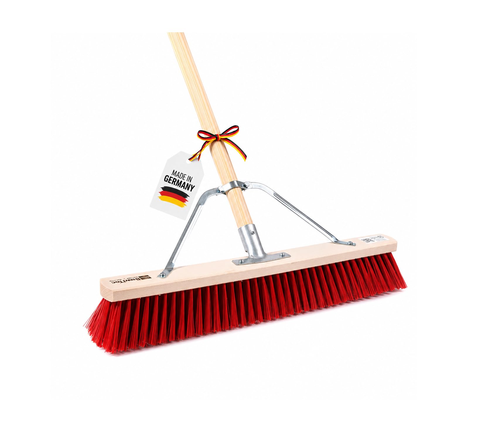 Profi Besen Straßenbesen 80cm mit Stiel 160cm Holzstiel rote Borsten Stabi | Spezieller Stielstabilisator/Zusatzhalterung, Besenstiel Ø28mm, Robuste Dichte Kunststoff-Borsten