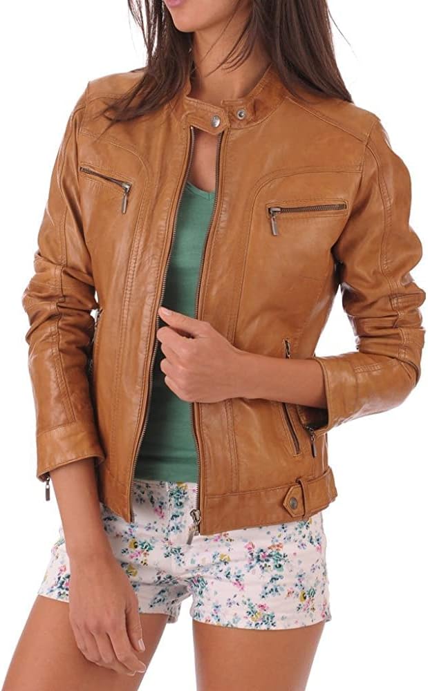 LL LEATHER LOVERSWomen's Lambskin Leather Bomber Motorcycle Jacket (Tan, Medium)