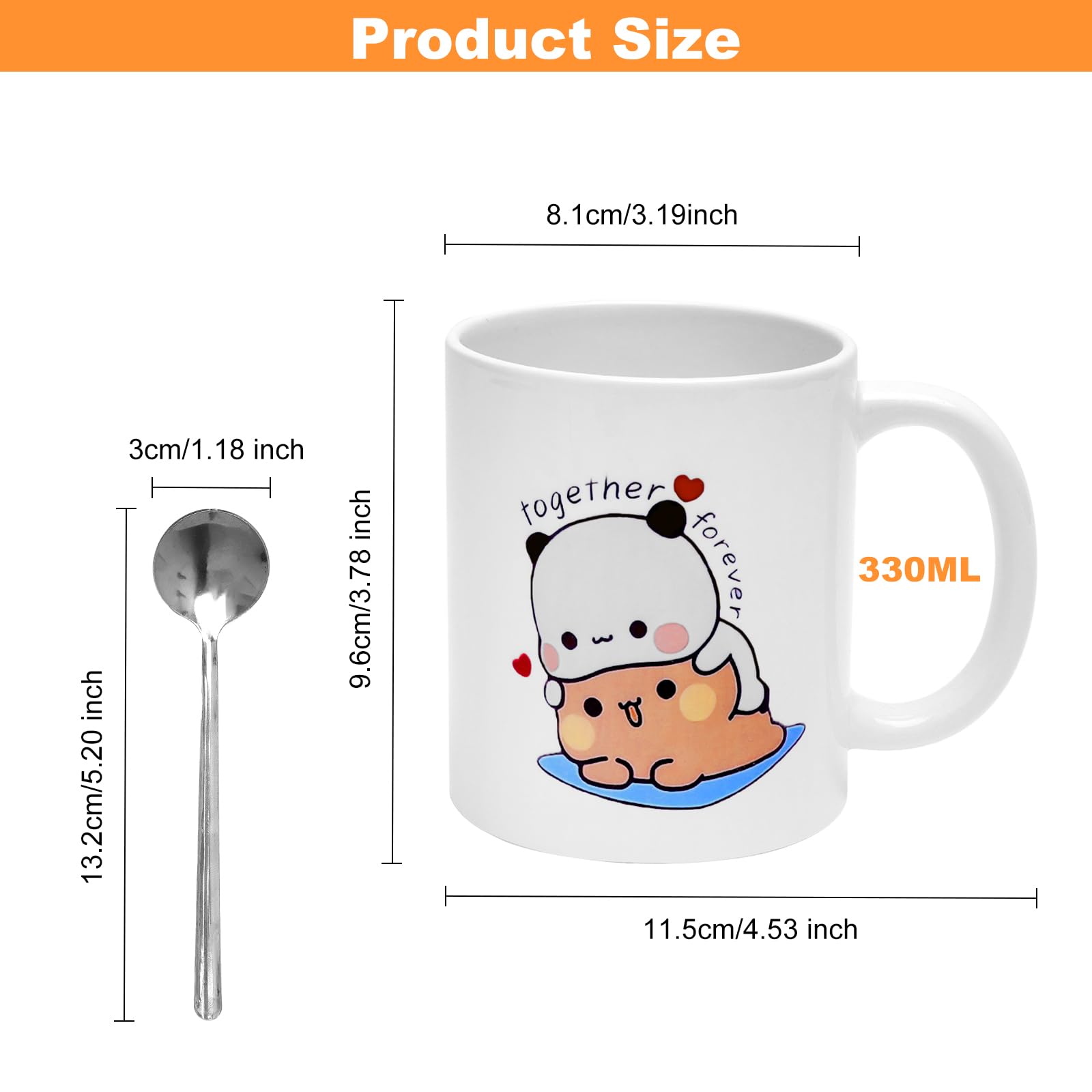 Estetyczny kubek do Bubu Dudu, 330 ml, kubek ceramiczny z okrągłą łyżeczką ze stali nierdzewnej, uroczy kubek do herbaty i kawy, zabawny miś i panda, najlepszy zabawny kubek na prezent