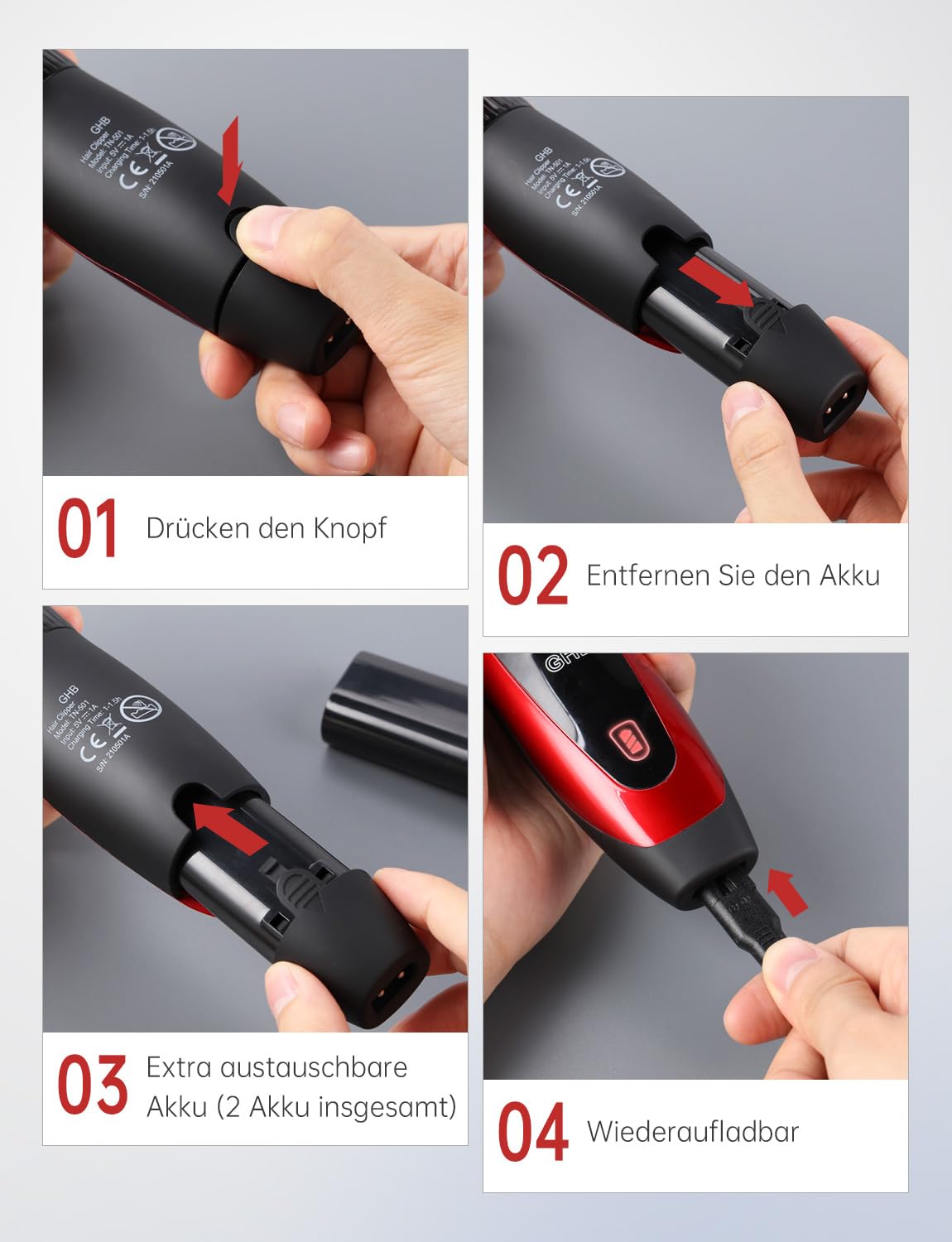 GHB Haarschneidemaschine Akku Haarschneider Herren 2 Lithium Akkus 14 Teiliges für Männer Kinder Salon Home Friseur
