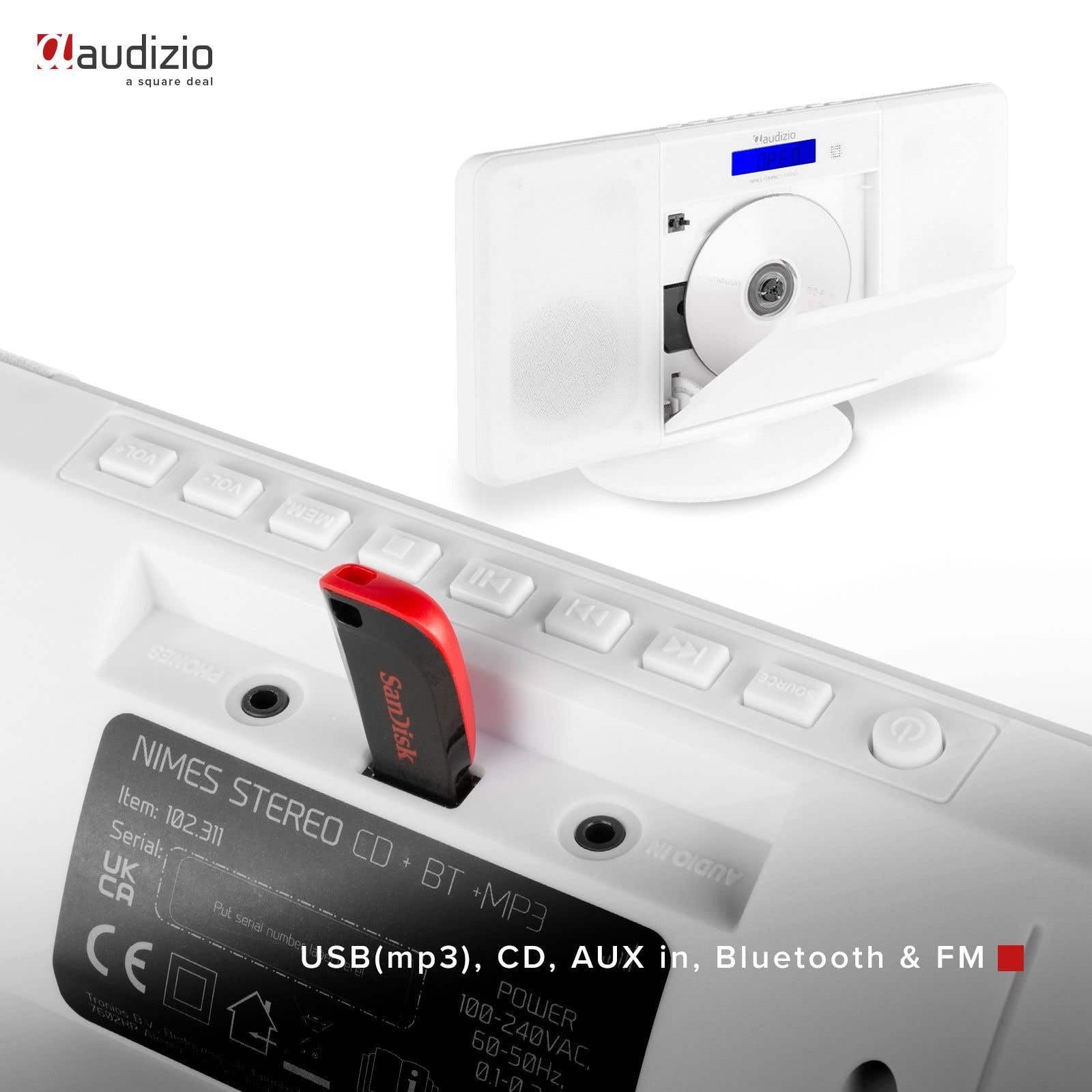 Audizio Nimes Home Sistema estéreo HiFi con Bluetooth, Reproductor de CD, MP3 USB, sintonizador de Radio FM, Incluye Mando a Distancia, X-Bass, Conexion de Auriculares - Blanco