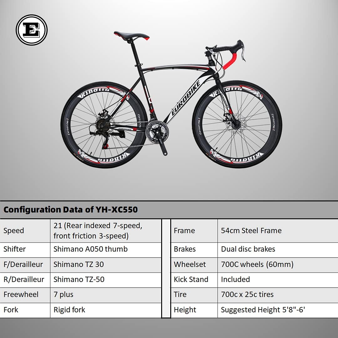 EUROBIKE YH-XC550 Road Bike for Men 54cm Frame Bicycle 700C Wheels Aluminium Rims 21 Speed Dual Disc Brake Commuter Bikes