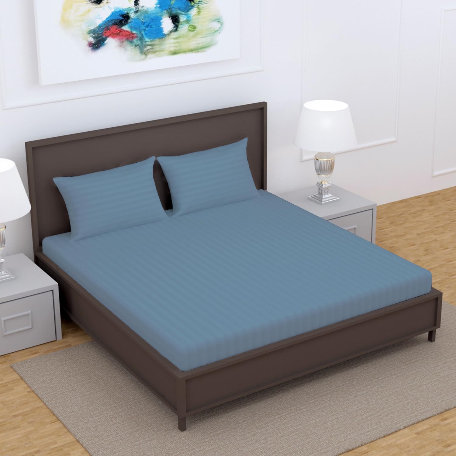 Divine Casa Cotton 210 TC King Size Bedsheet Italian Stripe | Soft Comfortable Breathable Bed Sheet with 2 Pillow Covers | Premium Stripe Design Bedding Set | 275 x 275 cm (Jean Blue, Striped)