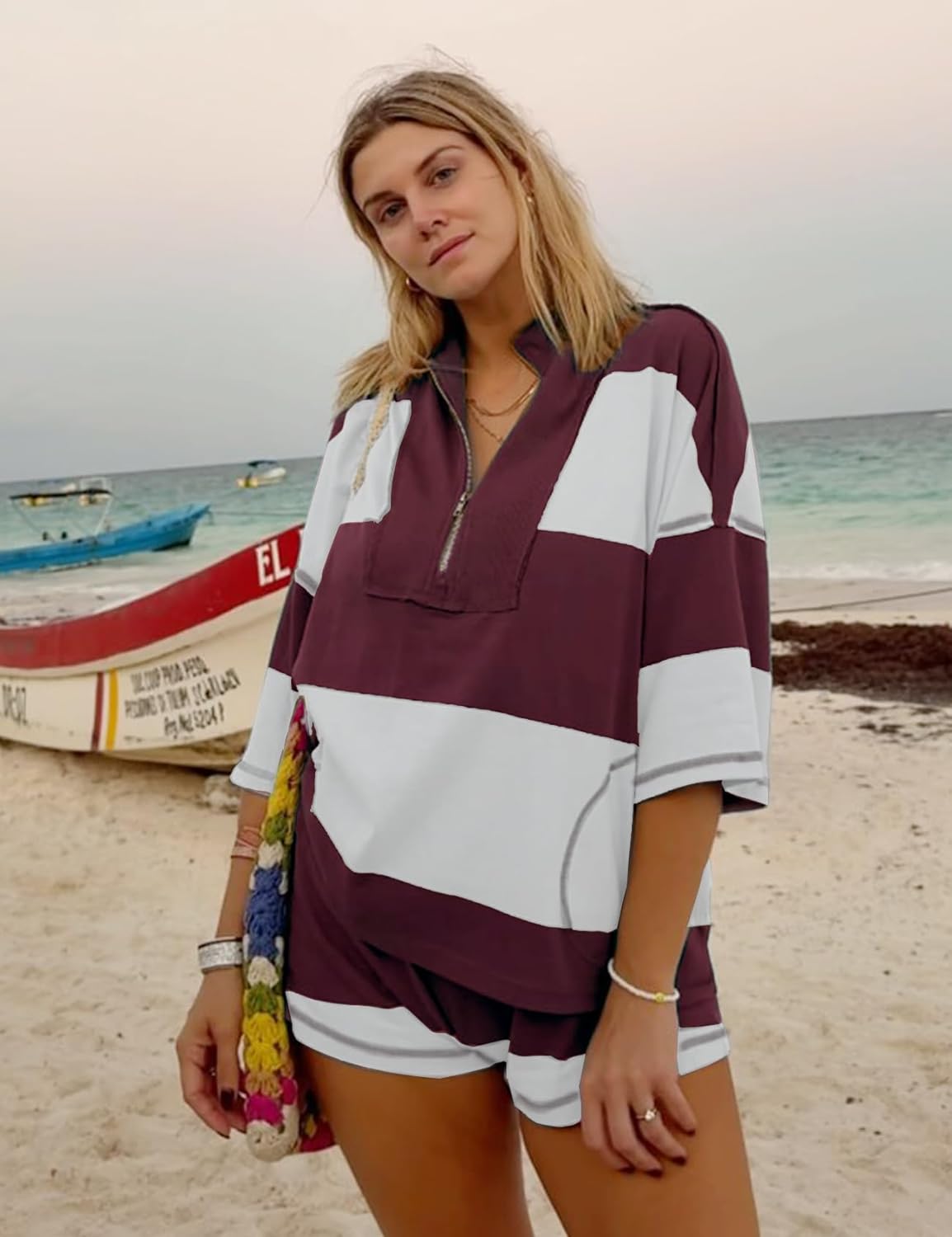 Wyeysyt Womens Striped 2 Piece Sets Summer Workout Outfits Oversized Lounge Set Going Out Pullover and Shorts - Image 3