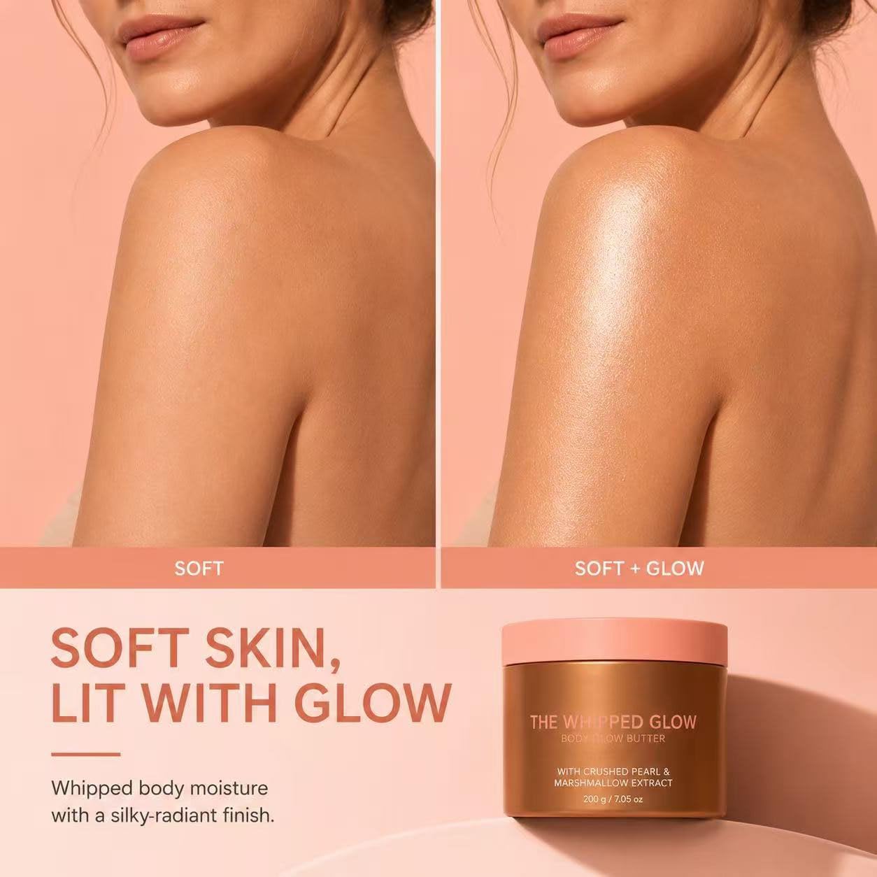 Whipped Glow Burro per il corpo, idratante e scintillante, con perle schiacciate ed estratto di cibico, per una pelle morbida, liscia e luminosa, leggero (2 pezzi)