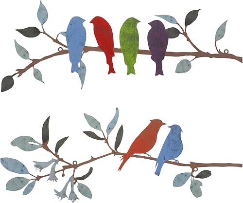 2 piezas de arte de pared de pájaros de metal, pájaros vivos en rama, decoración de pared de pájaros de metal, hojas colgantes con pájaros,