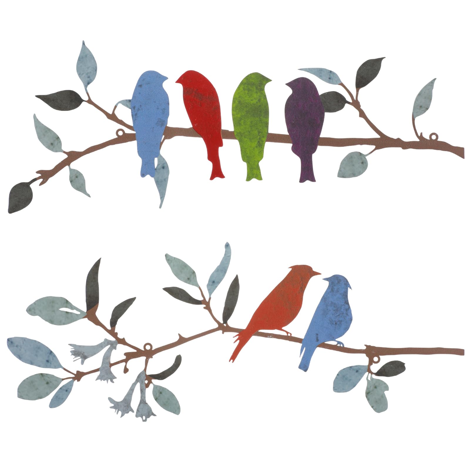 Demissle 2 Pcs Metal Birds Wall Art Decor Vivid Birds on Branch with Leaves Rustic Wall Decor Waterproof Metal Sculpture Hanging Sign for Home Balcony Garden Indoor Outdoor(Bright Colors)
