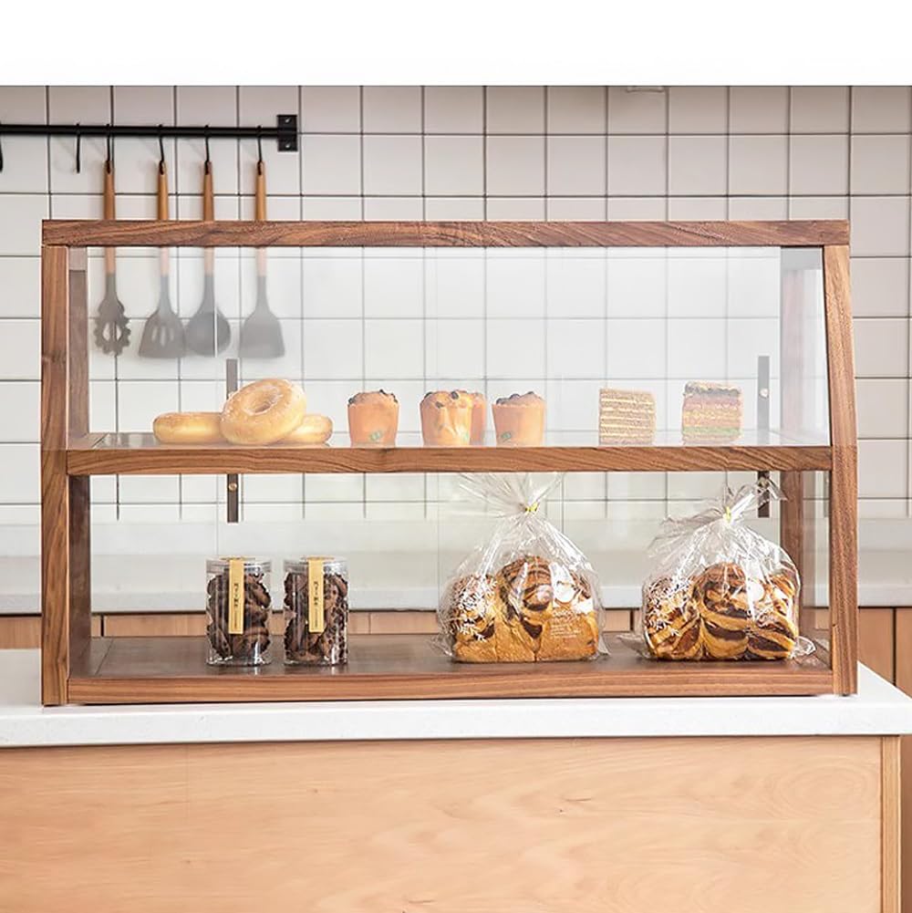 Vitrina Trapezoidal de Madera de 2 Niveles para Pasteles y Galletas, Ideal para panaderías. Exhibidor Comercial de mostrador para Tartas. Vitrina de Cristal Transparente. Caja para Pan. Armario de al