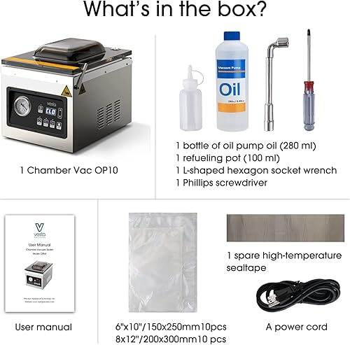 Miniatura 8 de Sellador al vacío de cámara de 10 pulgadas con bomba de aceite, resistente, ideal para alimentos húmedos, líquidos, polvos y Sous Vide, funciona