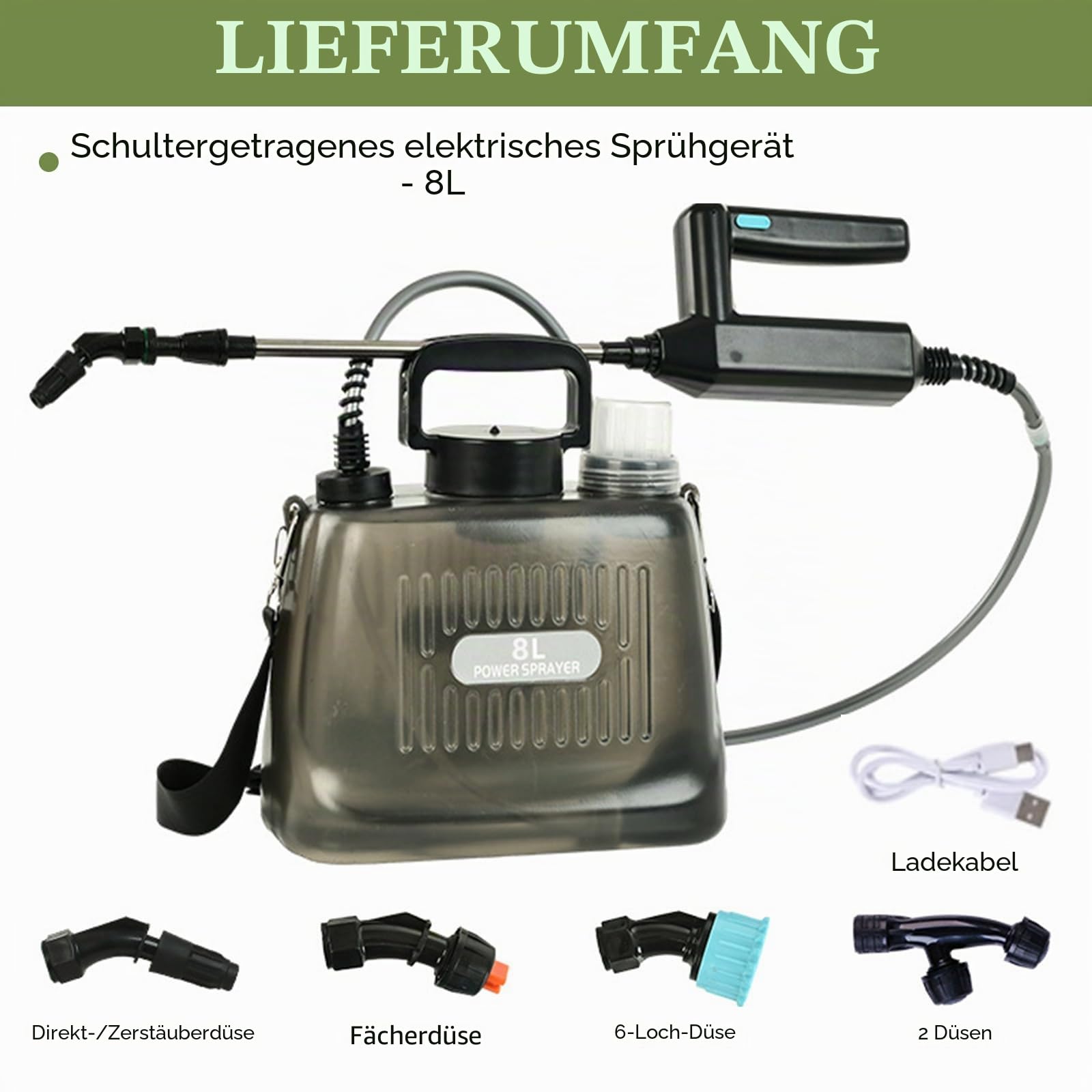 Drucksprüher, 8L Akku Drucksprühgerät Gartenspritze mit Lanze und 4 Verstellbaren Sprühdüsen Rückenspritze mit 2400mAh Batterie (7.4V Automatische Pumpe Transparenter Tank Teleskopierbare Lanze)
