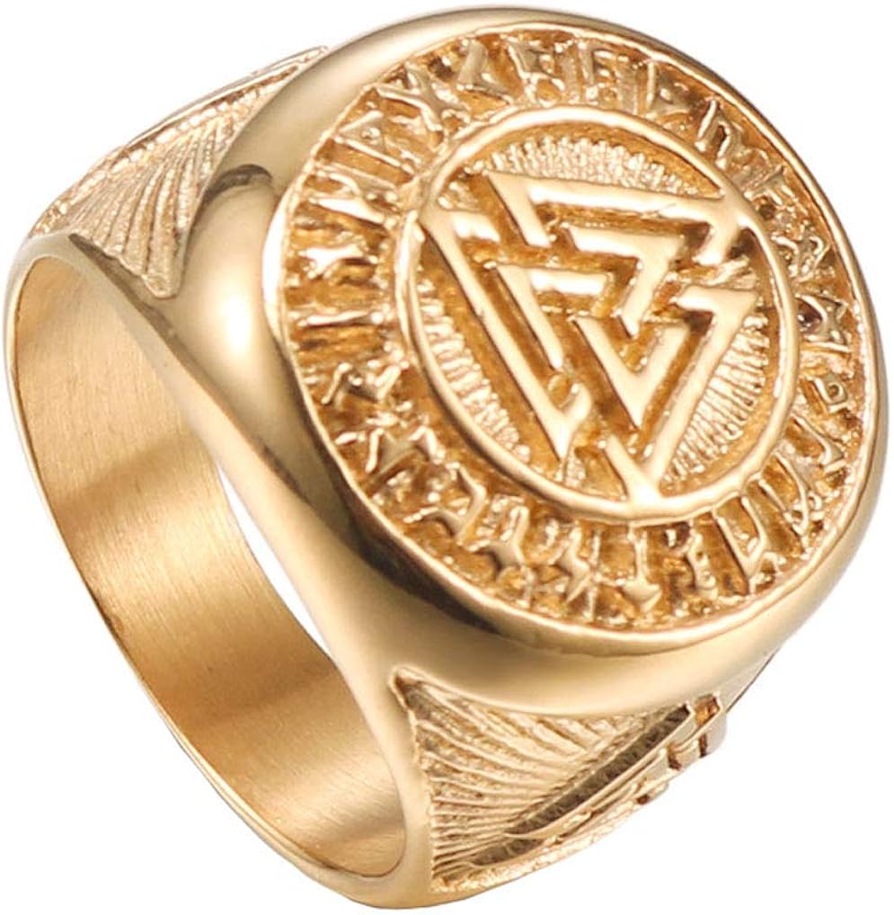 HIJONES Men's Stainless Steel Valknut Norse Viking Odin Symbol Ring Warrior Signet Biker Band Full Gold 10