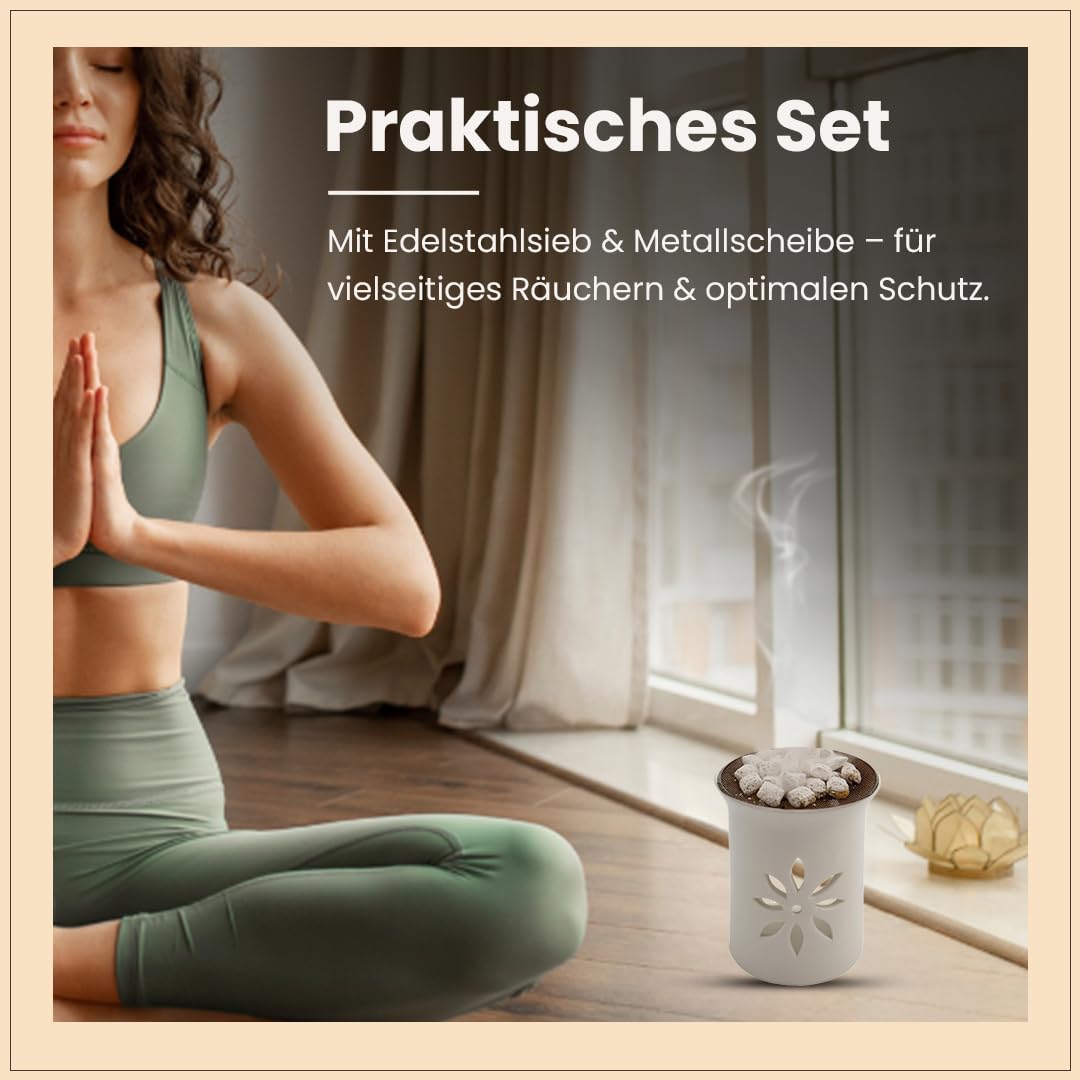 Räucherstövchen Keramik Weiß – Sternenblume Design mit Edelstahlsieb & Metallscheibe – Für Weihrauch & Kräuter, Höhe 11 cm | Incense Burner (Packung mit 2)