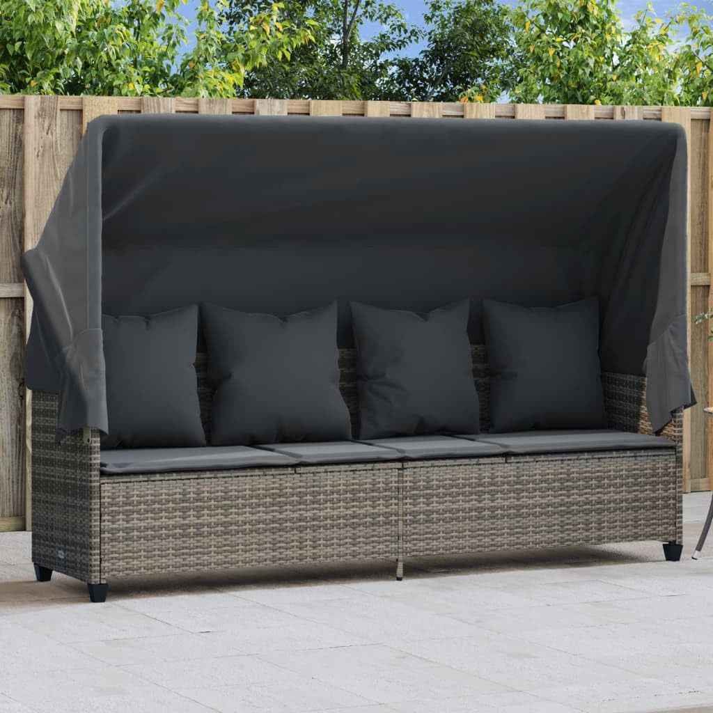 Homgoday Chaise Longue avec Auvent et Coussins Gris Résine Tressée, Bain de Soleil de Jardin, Lit de Camping Transat de Relax pour Plage, Extérieur, Balcon, Terrasse B