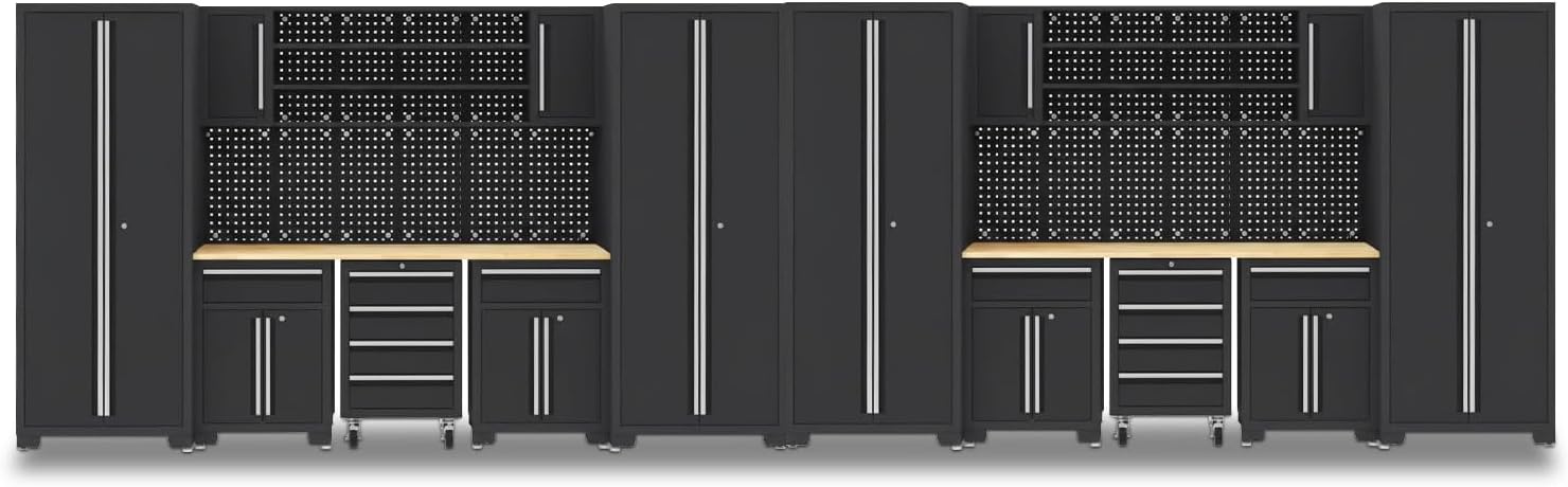 Garage Storage Cabinet System, 18-Piece Garage Cabinets and Storage System Corner Workshop Set with Corner Cabinet, Cabinet Drawers, Workbench, Pegboard for Tool Organization, Black