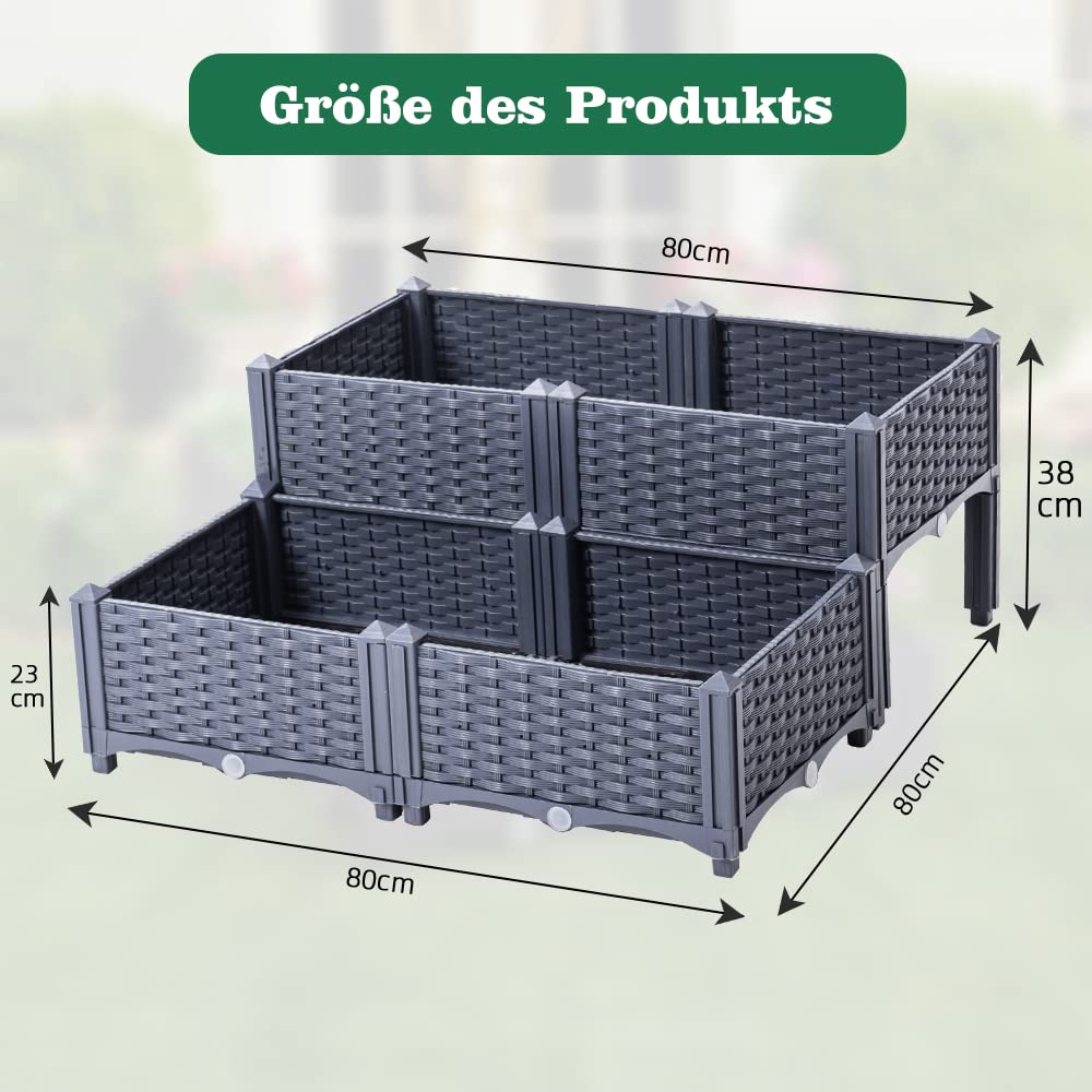 Mingone 4X Blumenkasten Rattan Optik Kunststoff, 40x40, Grau | Wasserspeicher, Balkonkasten, Für Balkon Garten Terrasse