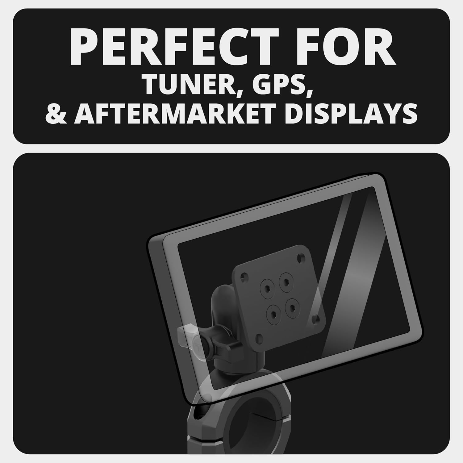 Tackform Black Motorcycle GPS/Tuner Mount - 4-Hole AMPS Pattern | BC3 Universal Clamp Fits 1-1/4" to 1-1/2" Handlebars | Aluminum | Compatible with Garmin Zumo, Dynojet Tuner, More | Short Reach Arm