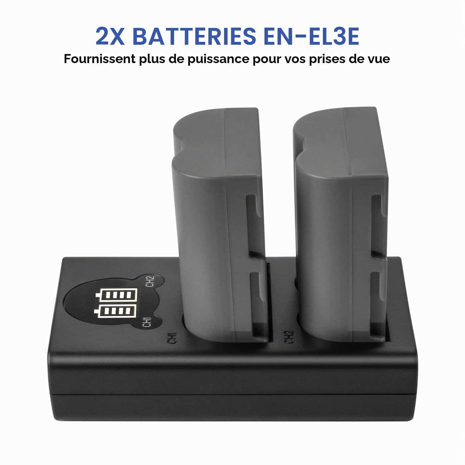 2 X EN-EL3E Batterie de Rechange et Chargeur Double Compatible avec Nikon D50, D70, D70s, D80, D90, D100, D200, D300, D300S, D700 D900 Digital Cameras