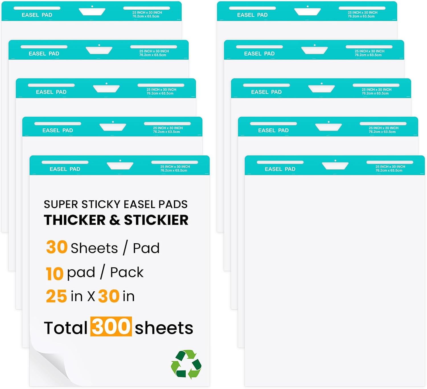 OLenyer Super Sticky Easel Pad, 25x 30IN, Large Self Stick Flip Chart Paper for Office School Classroom Supplies, 30 Sheets/Pad, 10 Pads/Pack, White