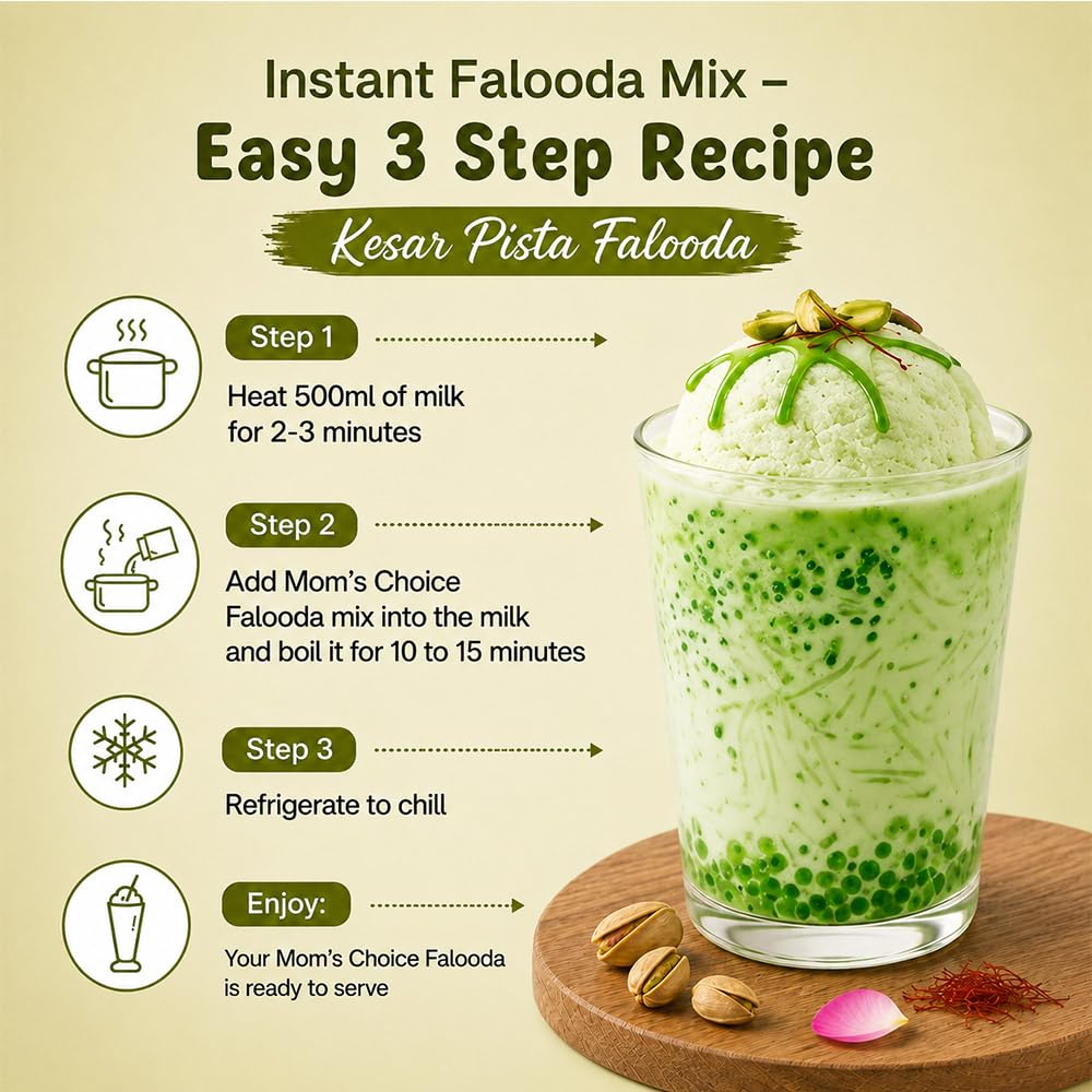 Mom’s Choice Instant Falooda Mix | Kesar Pista Flavour | Thick, Smooth & Creamy Texture | Tasty & Refreshing | Dessert Mix | Ready to Make | Pack of 3 | 200g x 3 2