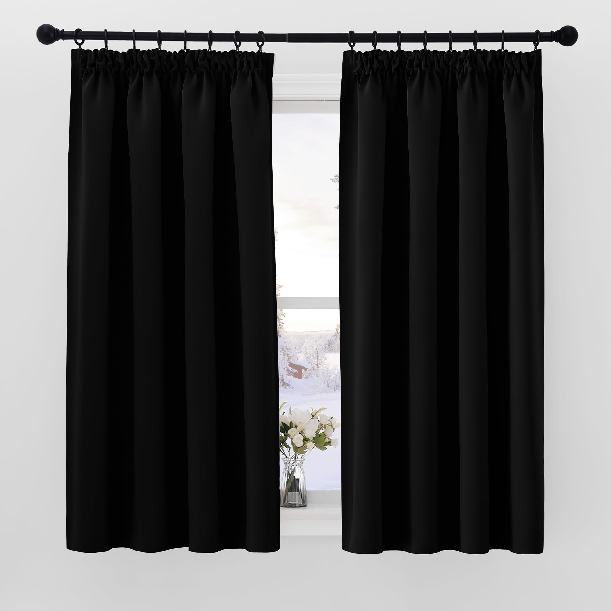 PONY DANCE 63 inch Drop Thermal Blackout Curtains Black Curtains Pencil Pleat for Nursery Heavy Duty Room Darkening Energy Saving Draperies for Living Room (W52 X L63