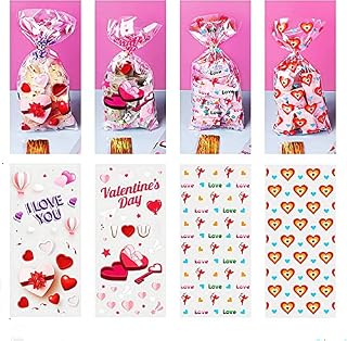 100 Pcs Valentines Cellophane Treat Bags, Clear Heart Sweet Bags, with Twist Ties Red Valentine's Day Cookie Bags, Clear Plastic Candy Bags Party Favor Gifts Goodies Bags