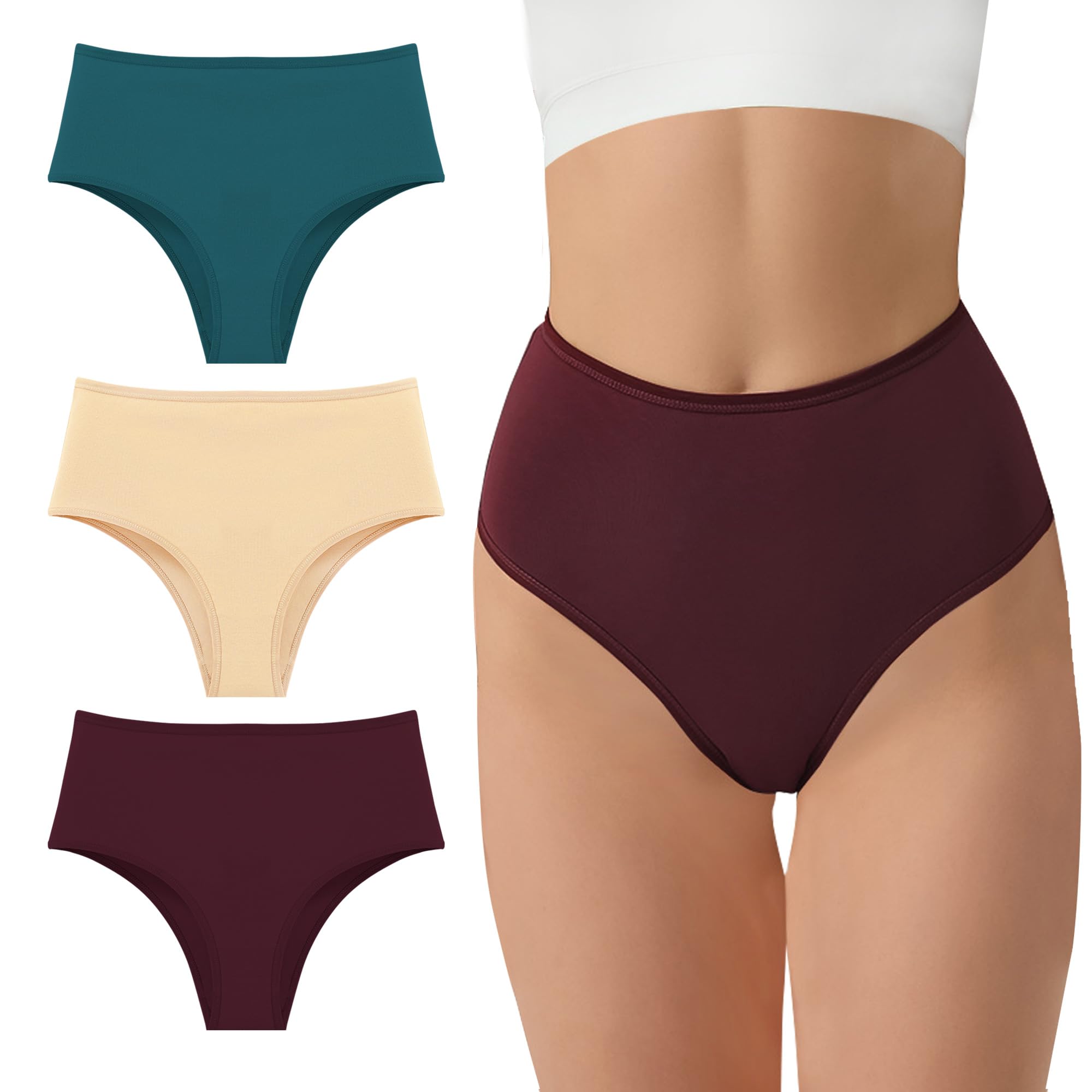 Slip mit hoher Taille, Bauchkontrolle für Damen, weiche Baumwolle, hoch geschnitten, Beige, Weinrot, Marineblau, 3er-Pack, Größe L