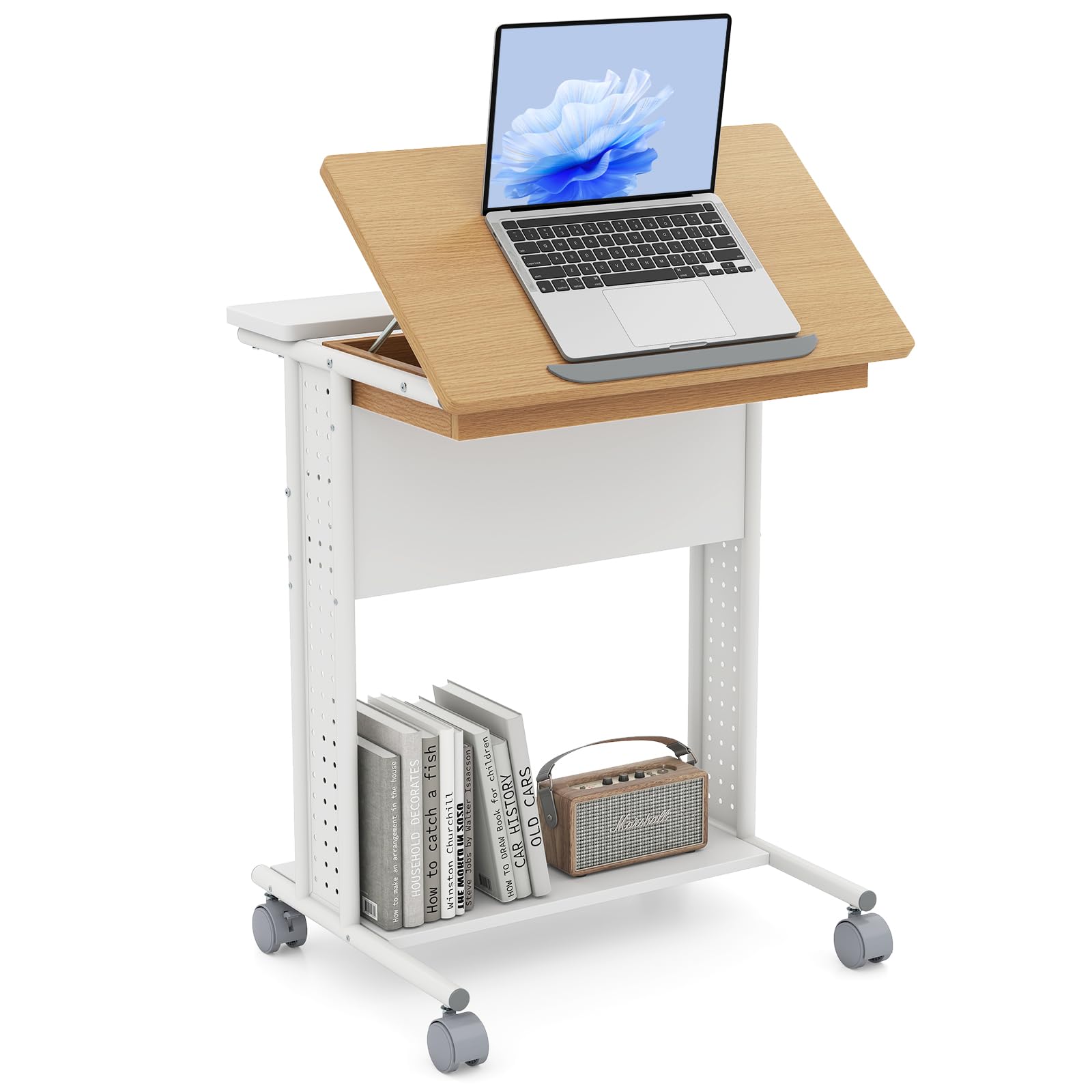 COSTWAY Rolling Portable Desk, Laptop Desk with Tilting Tabletop, Hidden Compartment, Storage Shelves and Pegboards, C-Shaped Computer Cart Overbed Table for Small Space