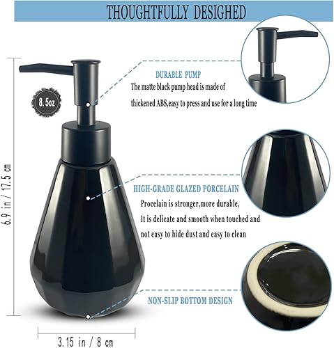 Miniatura 4 de Dispensador de jabón de cerámica recargable negro mate para baño y cocina, dispensador de jabón verde de 8.5 onzas con diseño minimalista moderno
