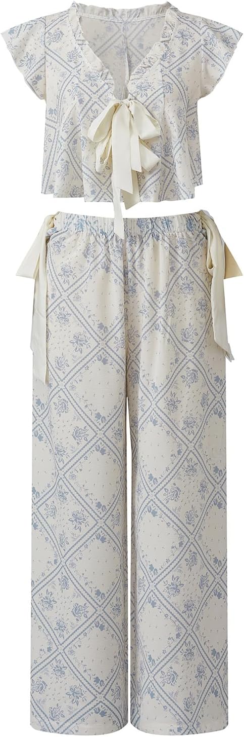 Women Ruffle Pajama Set Bow Tie Front Tank Top and Wide Leg Pants Pajama Set Cute 2 Piece Floral Pjs Loungewear - Image 3
