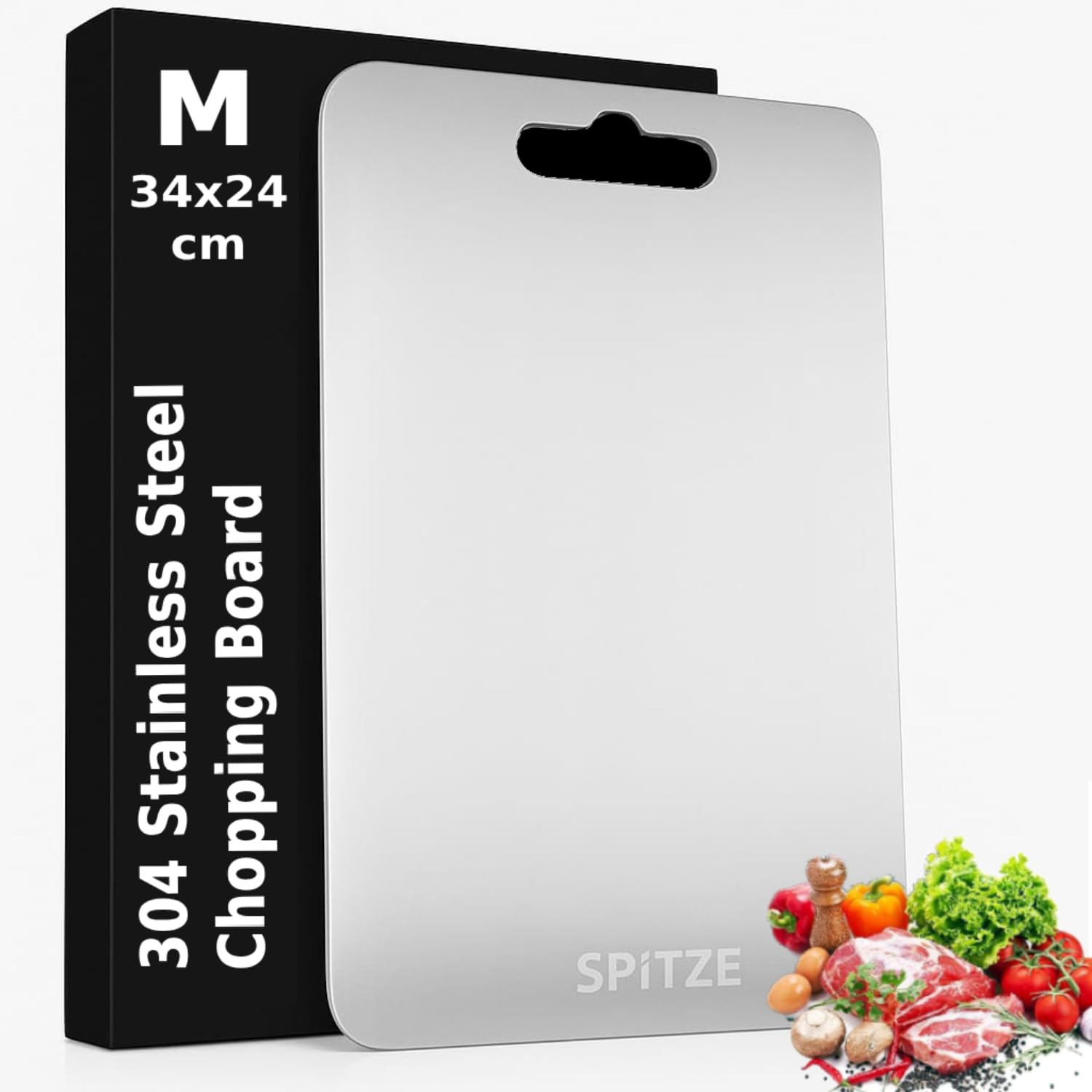 SPiTZE Chopping Board for Kitchen | 304 Large Stainless Steel Cutting Boards for Vegetables, Meat, Fruits and Dough Making | Heavy Duty Steel Chopping Board (Medium 34x24 cm) 34L x 24W cm