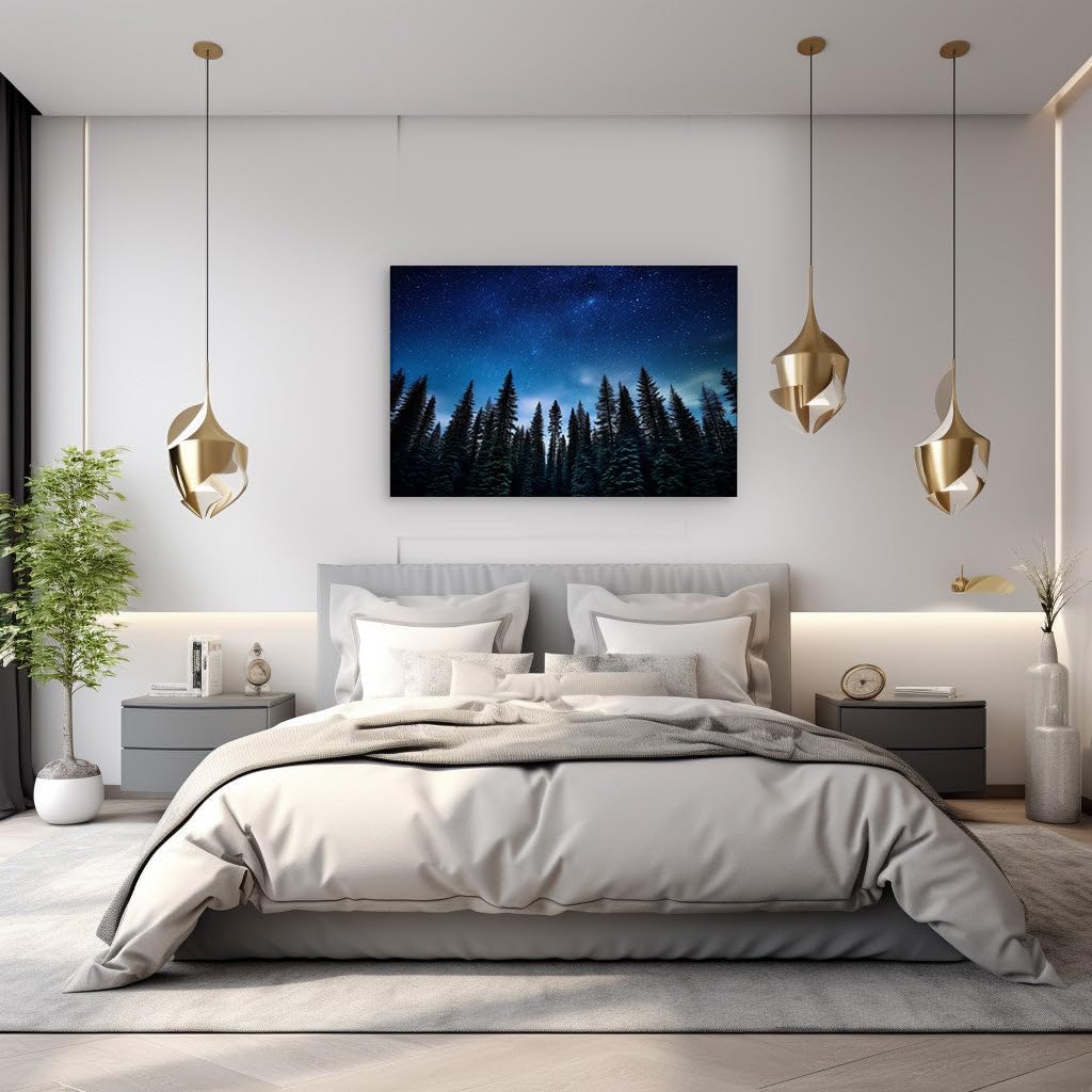 Canvas for Living room. Stargazing Serenity: A Mesmerizing Forest Night Sky, 27 x 18 inch Canvas Wall Art - Modern Home Decor