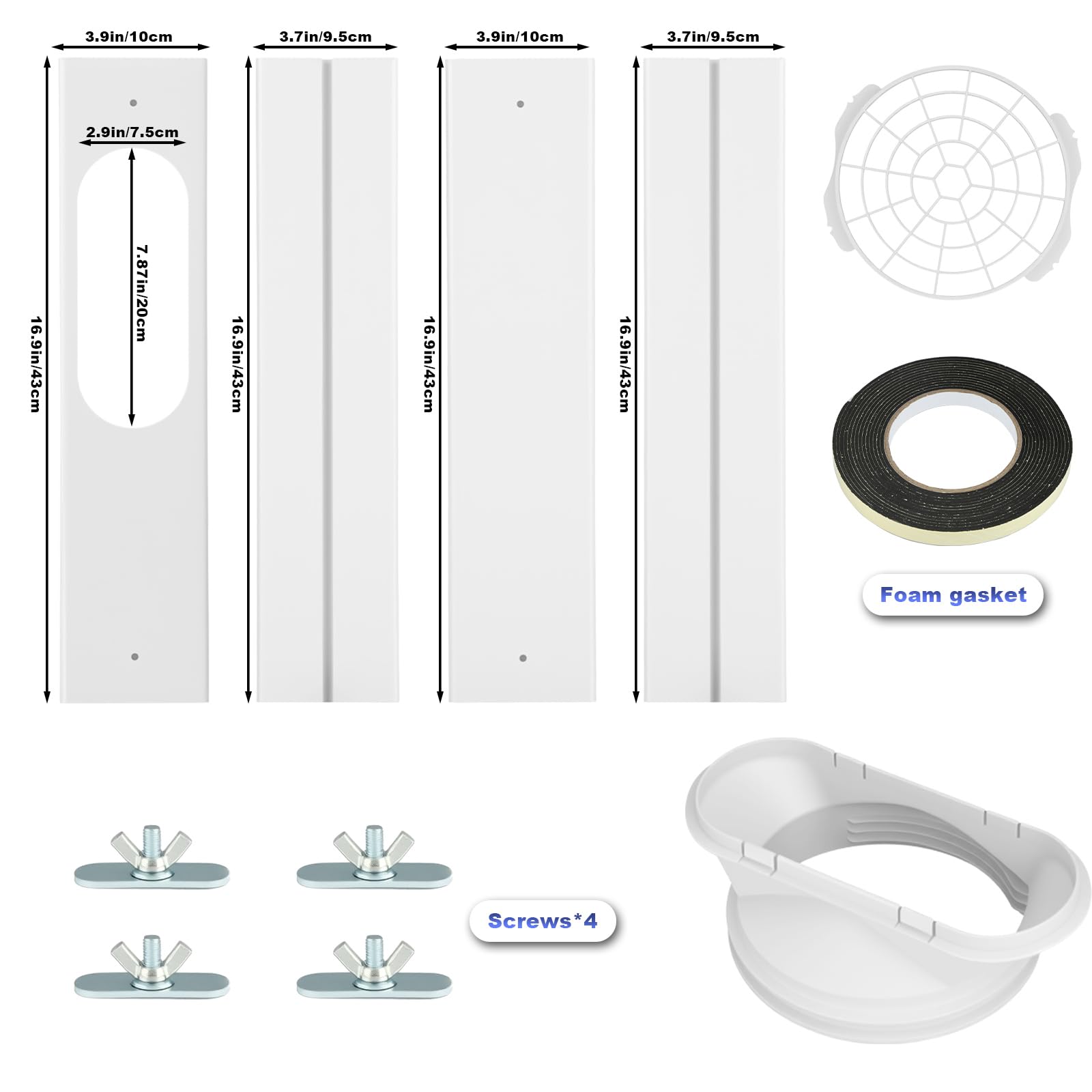 Kit de Plaque Fenêtre Climatiseur Mobile, 4 Plaques d'Étanchéité Fenêtre Télescopiques pour Climatiseur Portable, Calfeutrage Coulissante avec Adaptateur de Tuyau, Kit de Fenêtre pour Climatiseur