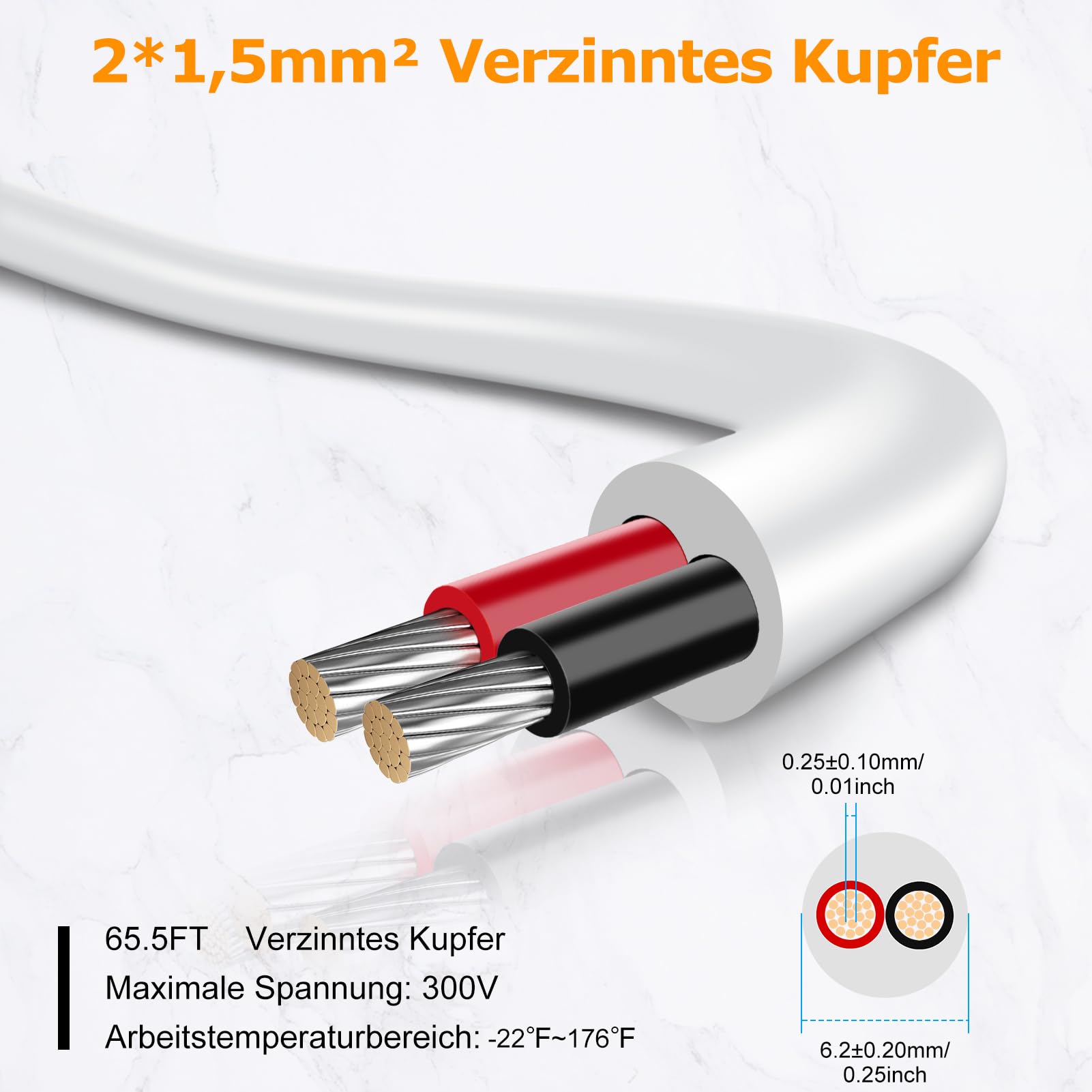 16AWG 2x1,5mm² 20Meter Elektrokabel 2-adrig Kabel, 5V/12V/24V Erdkabel Weiß Verzinnte Kupferkabel, 300V flexibel und weich Stromkabel hohe Temperaturbeständigkeit Verlängerungskabel 20m