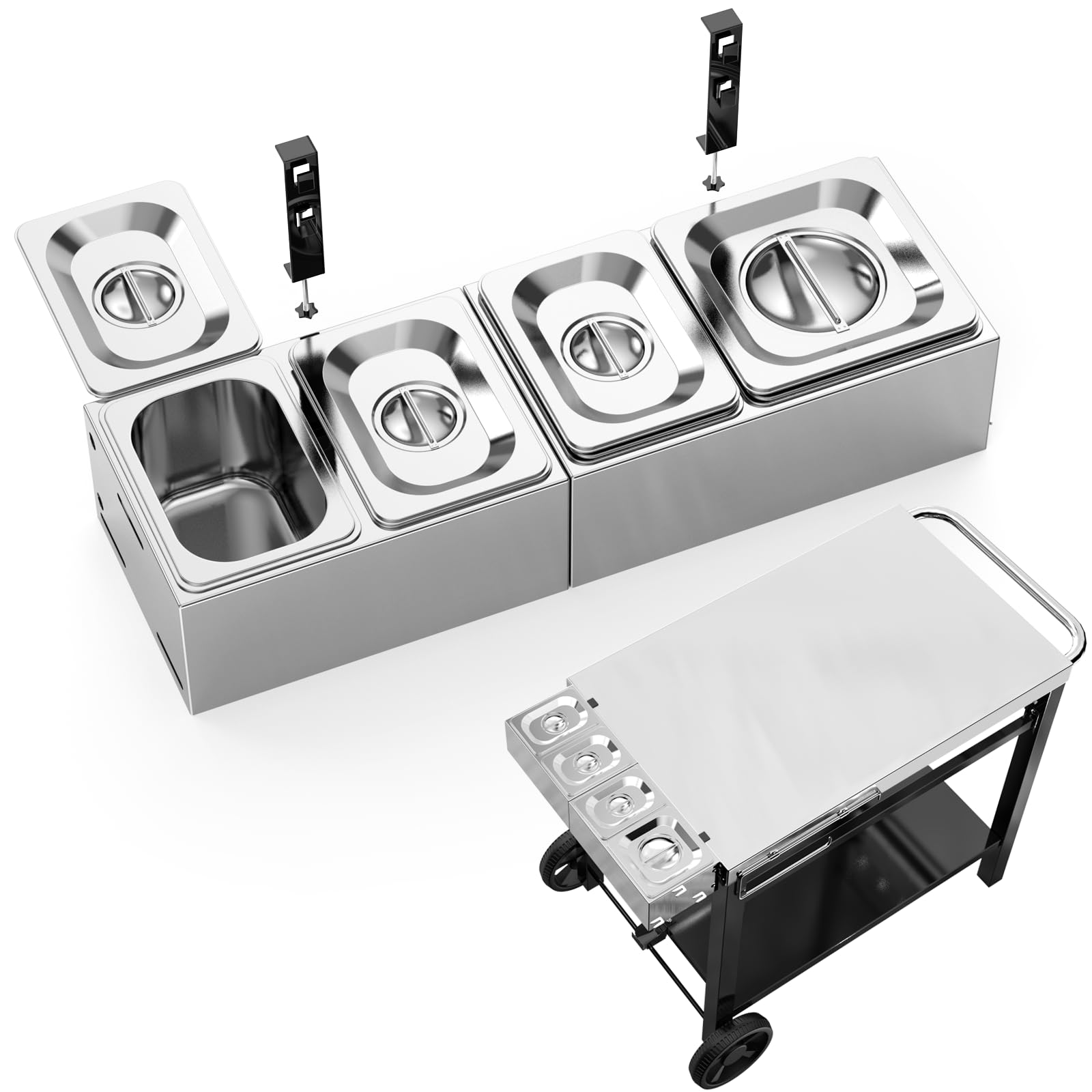 Denmay Contenedor de ingredientes para pizza, recipiente de acero inoxidable con tapa, recipiente de guarnición para barbacoa y cocina, accesorios de pizza de acero inoxidable, 1 grande + 3 piezas
