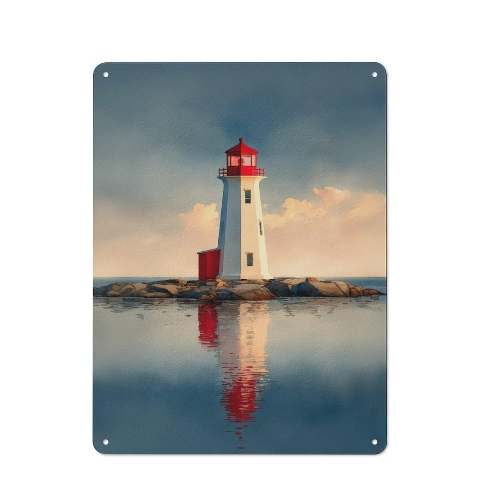 Junmoney Lighthouse On Rocky Islet Reflected Lighthou Vintage Metal Sign With Se At Sunset Design 40X30cm, Rustic Bar Wall Plaque For Bar, Kitchen, Garage Or Games Room