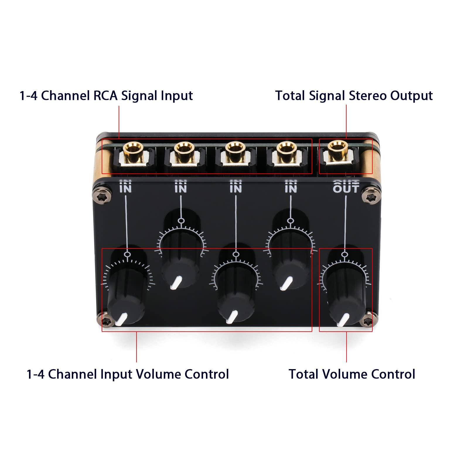 mixer,HUIOP Module de mixage passif 4 en 1 sortie Mini mélangeur passif 4 canaux stéréo Mélangeur audio 4 entrées audio vers 1 sortie Ultra compact à faible bruit pour studio d'enregistrement Console