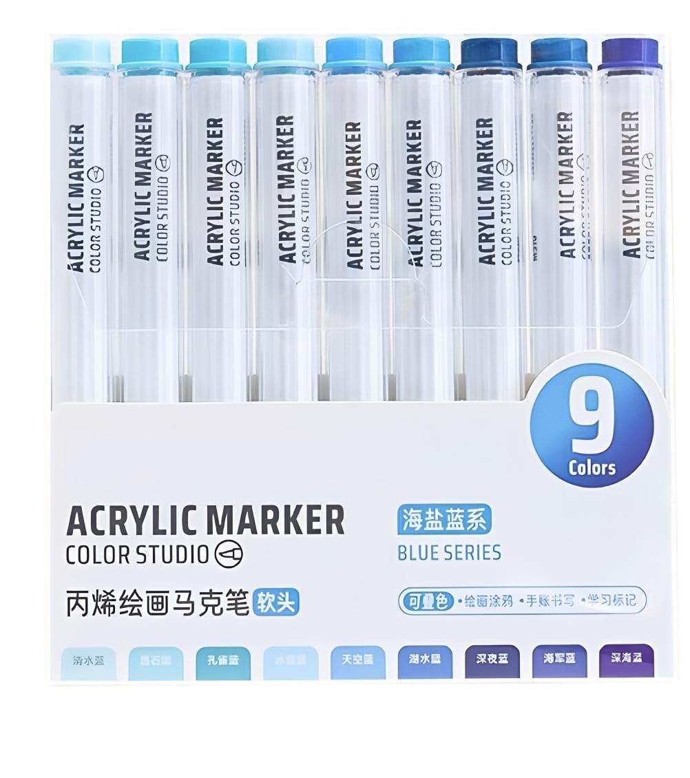 Sharxart Blue Acrylic Paint Pen Markers, 9 Colors Soft Brush Tip Paint Pens for Wood Glass Eggs Rock Painting Canvas Stone Fabric DIY Crafts Making