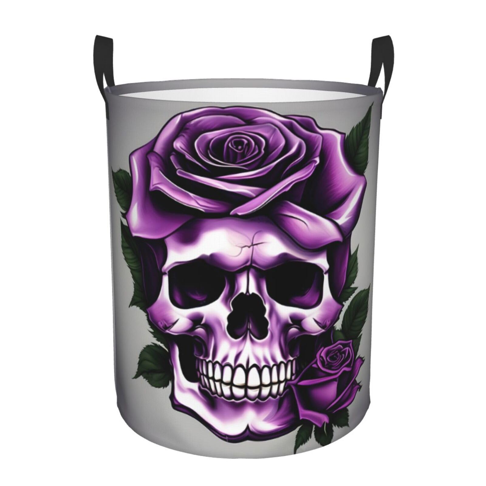 M Collapsible Laundry Hamper Round Purple Rose Skull Print Storage