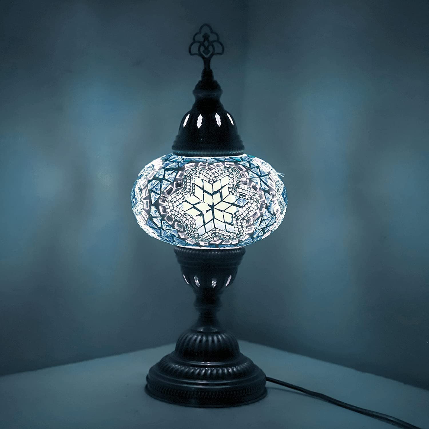 ENVA Turkish Moroccan Style Mosaic Multicoloured Desk Table Lamp, Bronze Base, Unique Light Large Globe (3016)