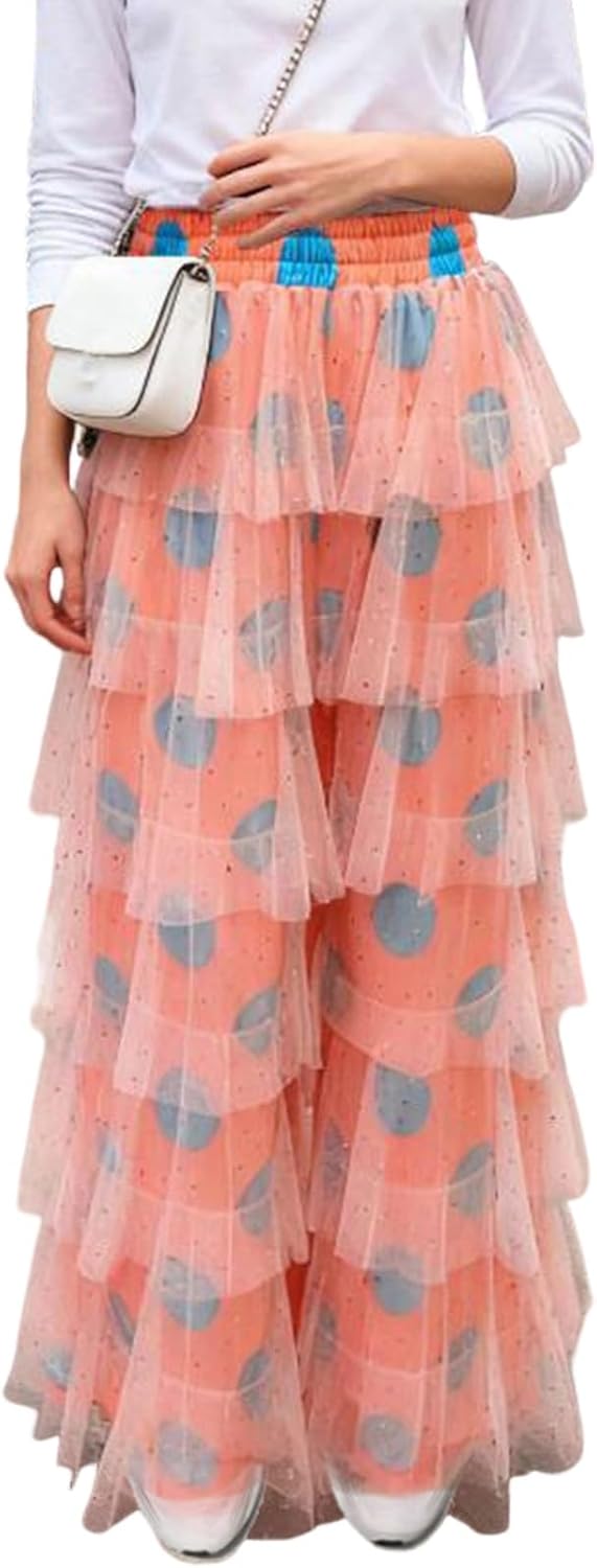 Women Layered Ruffle Tulle Long Pants Polka Tiered High Waist Loose Wide Leg Trousers Mesh Tiered Party Pants