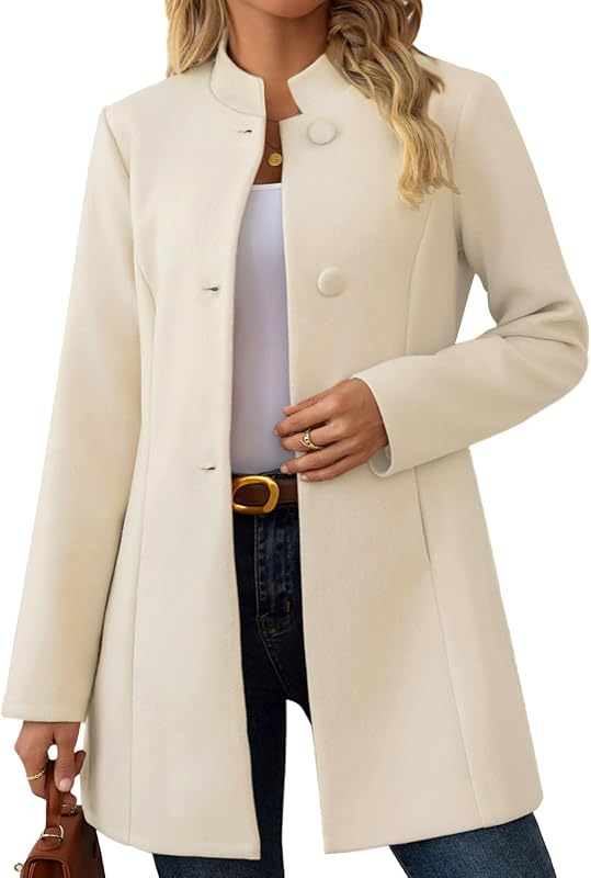 ebossy Women's Casual Stand Collar Single Breasted Wool Pea Coat Back Slit Slim Fit Mid-Long Blazer Coats with Pockets