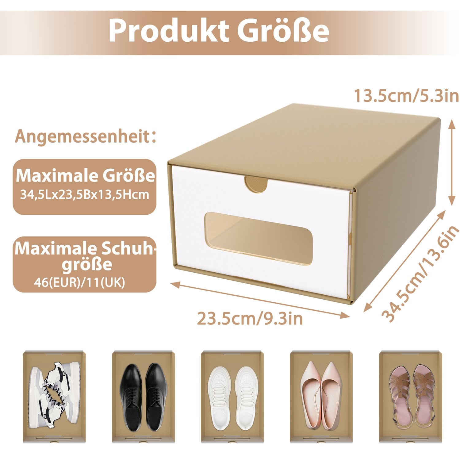 ACXIN Schuhboxen Stapelbar Boxen-Set,Aufbewahrungsbox Schubladen mit Transparentes Sichtfenster,Pappkarton aus Kraftpapier,34.5 x 23.5 x 13.5 cm,30 Stück, Braun