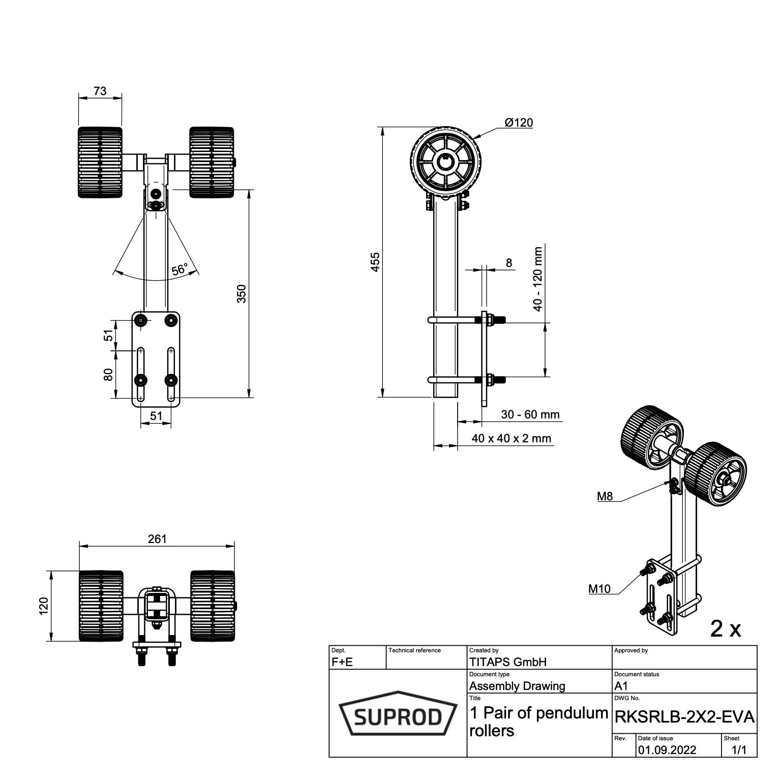 SUPROD 2er Pendelrollen Sliprollen Sliphilfe Bootstrailer Eva RKSRLB-2X2-EVA, Ø 120 mm