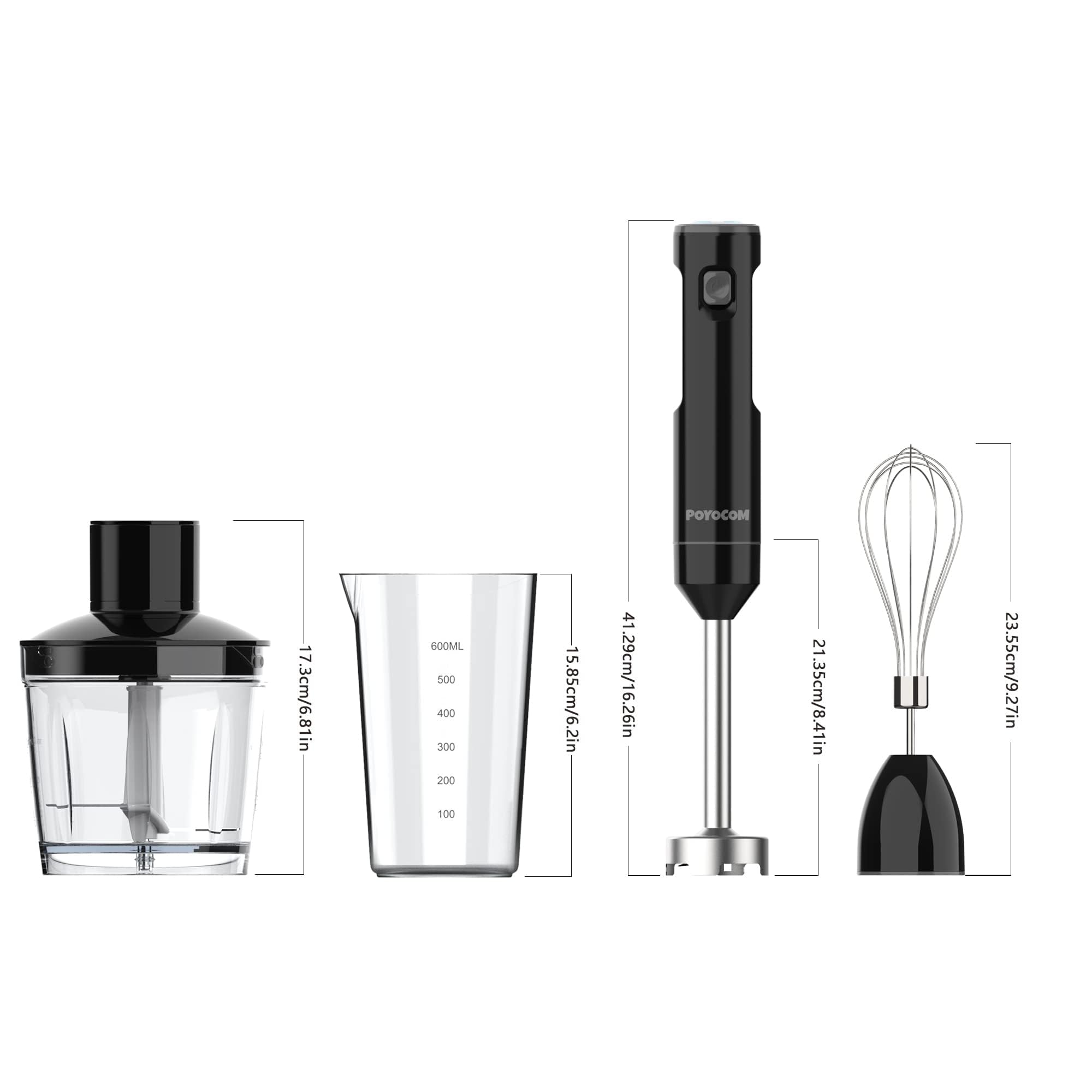 Stabmixer Kabellos, Akku Stabmixer, mit TYP-C-Kabel, Lebensmittelhacker 500 ml, Behälter 600 ml, Schneebesen, für Smoothies, Babynahrung und Suppen – Schwarz