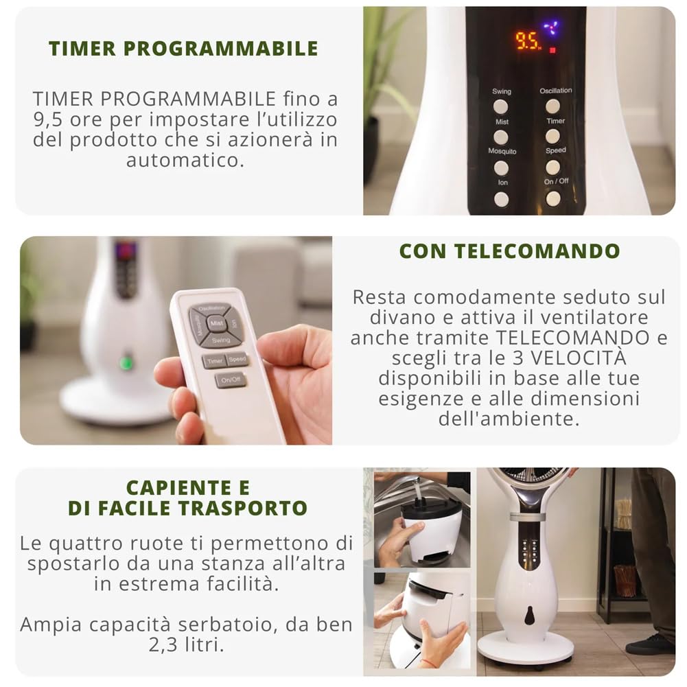 BAKAJI Ventilatore con Ruote a Piantana 80W Combinato 3in1 LED Display con Umidificatore, Anti Zanzare e Funzione Ionizzatore, Air Fun Diametro 40 cm e Alt. 110cm, Spegnimento Automatico, Telecomando