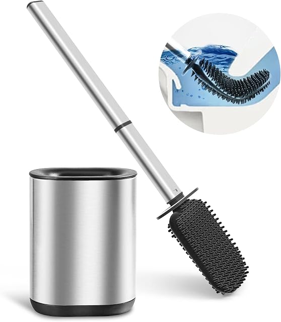 COSICOSY Toilet Brush , Stainless Steel Silicone Toilet Brush and Holder Flexible Soft Silicone Toilet Brush for Deep Cleaning with Long Handle Wall Mounted Silver