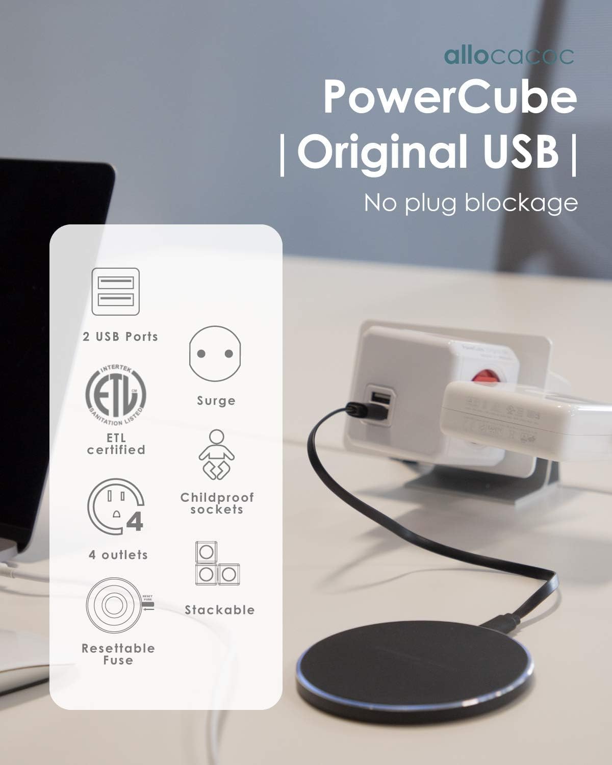 Allocacoc PowerCube Original USB with icons for 2 USB Ports, ETL certified, Surge, Childproof sockets, 4 outlets, Resettable Fuse, Stackable