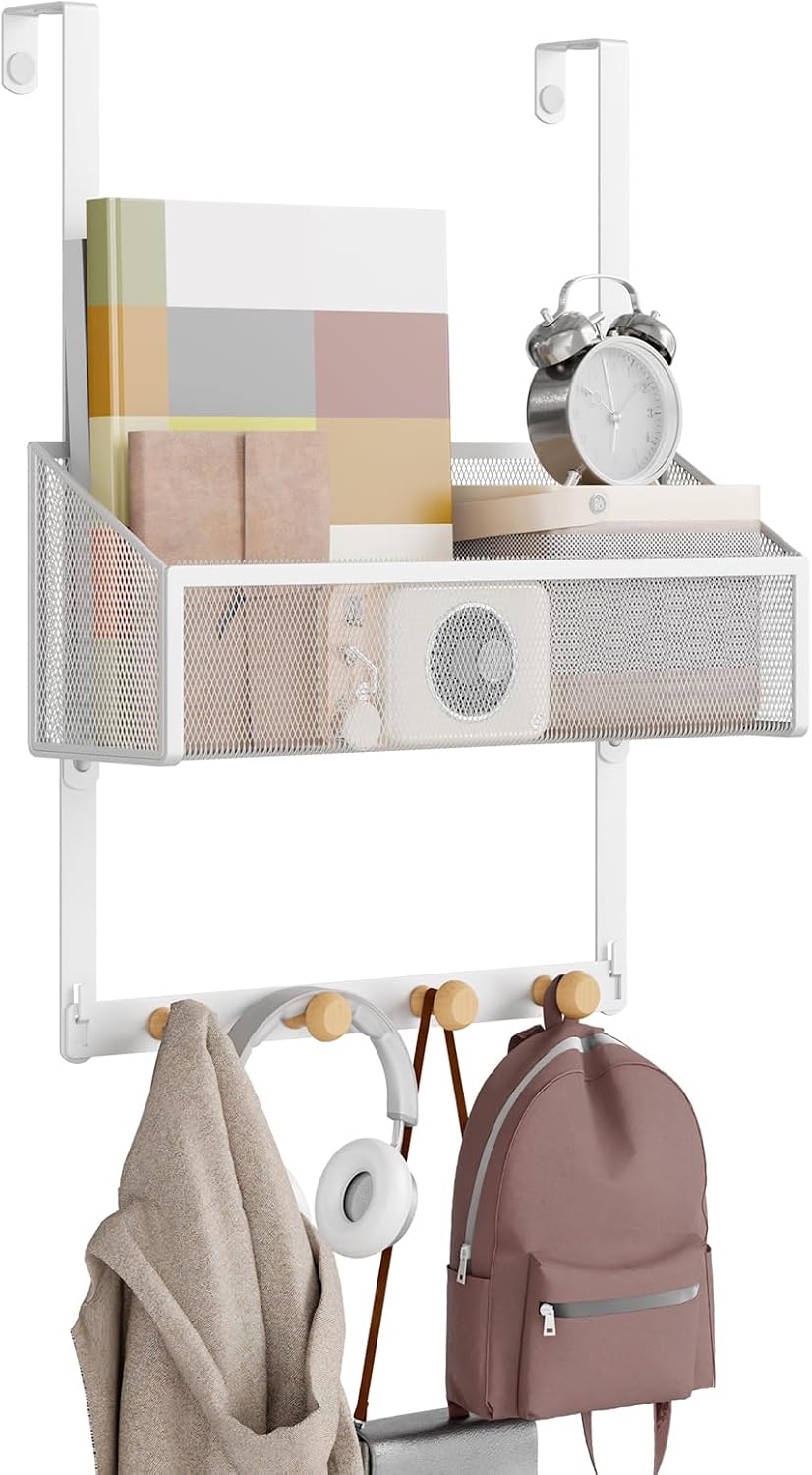 Over-the-Door Storage Organizer, Heavy-Duty Behind Door Rack with Mesh Basket & 4 Hooks for Towels Coats Keys, Space Saving for Bathroom Bedroom Kitchen Office, White