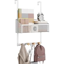 Over-the-Door Storage Organizer, Heavy-Duty Behind Door Rack with Mesh Basket & 4 Hooks for Towels Coats Keys, Space Saving for Bathroom Bedroom Kitchen Office, White